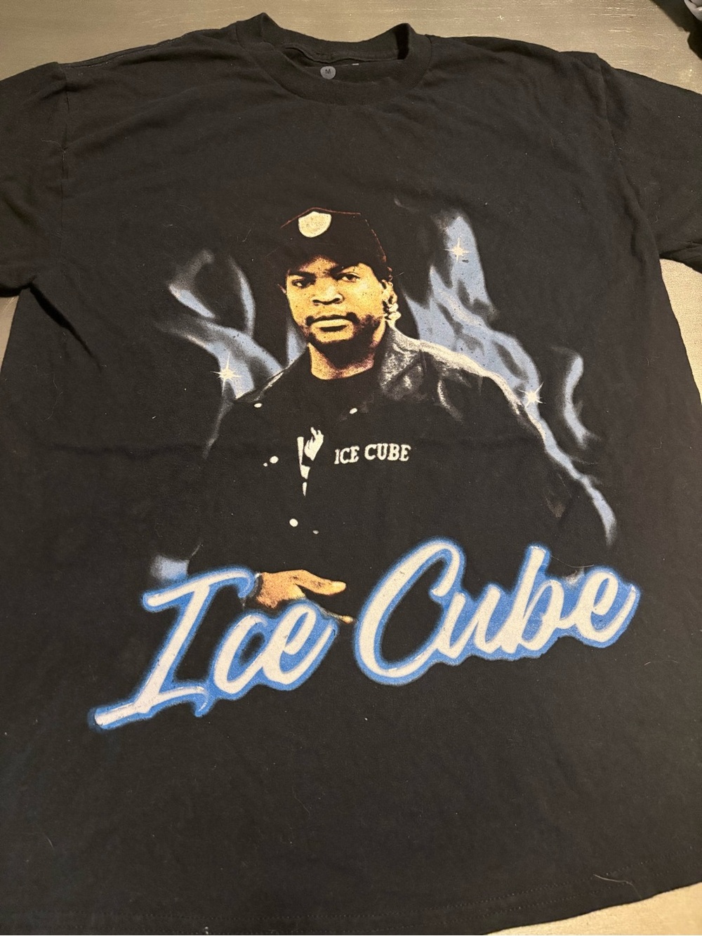 Black Graphic Men’s T-Shirt with Blue 'Ice Cube' Script